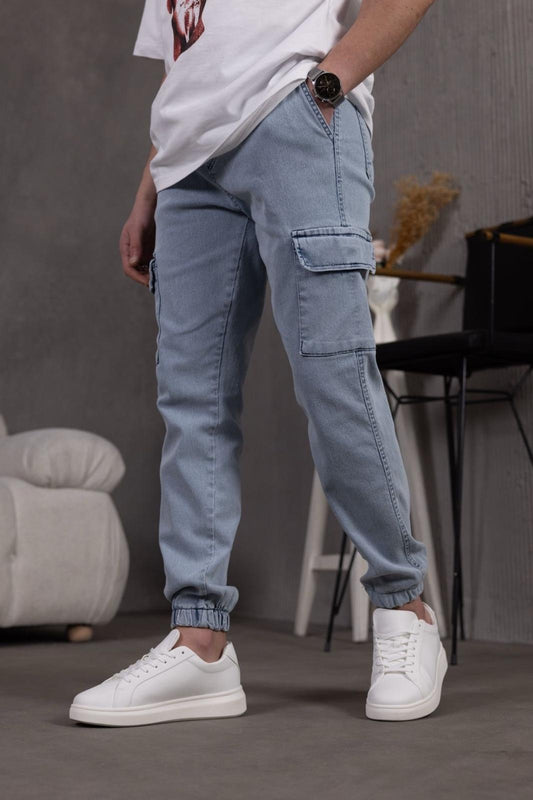 Dasser Paçası ve Beli Lastikli Slim Fit Likralı Kot Kargo Pantolon