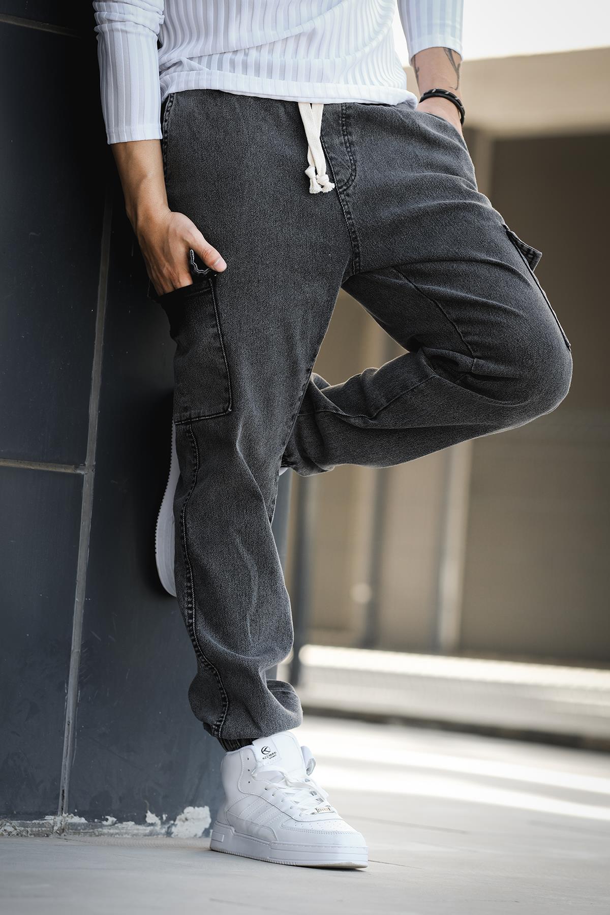 Dasser Paçası ve Beli Lastikli Slim Fit Likralı Kot Kargo Pantolon