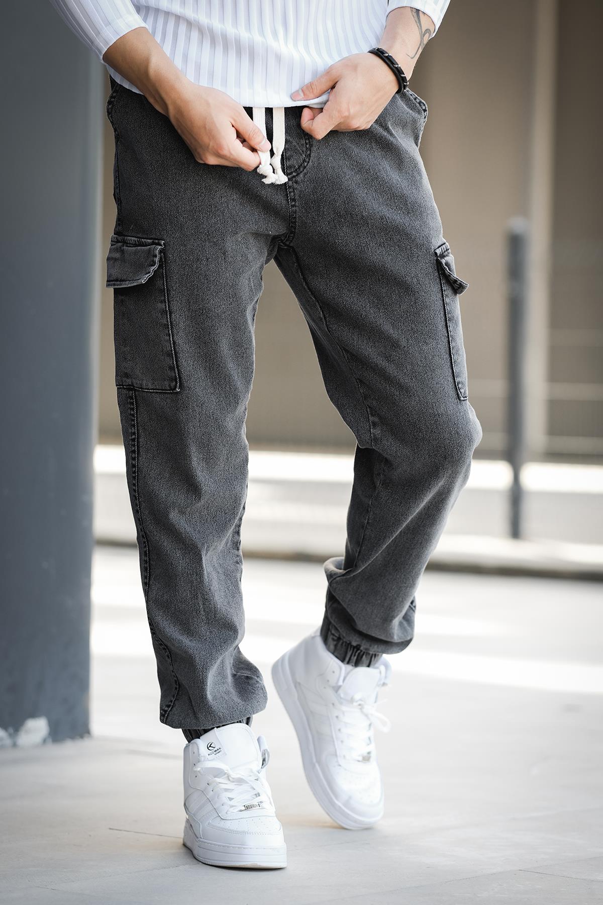 Dasser Paçası ve Beli Lastikli Slim Fit Likralı Kot Kargo Pantolon