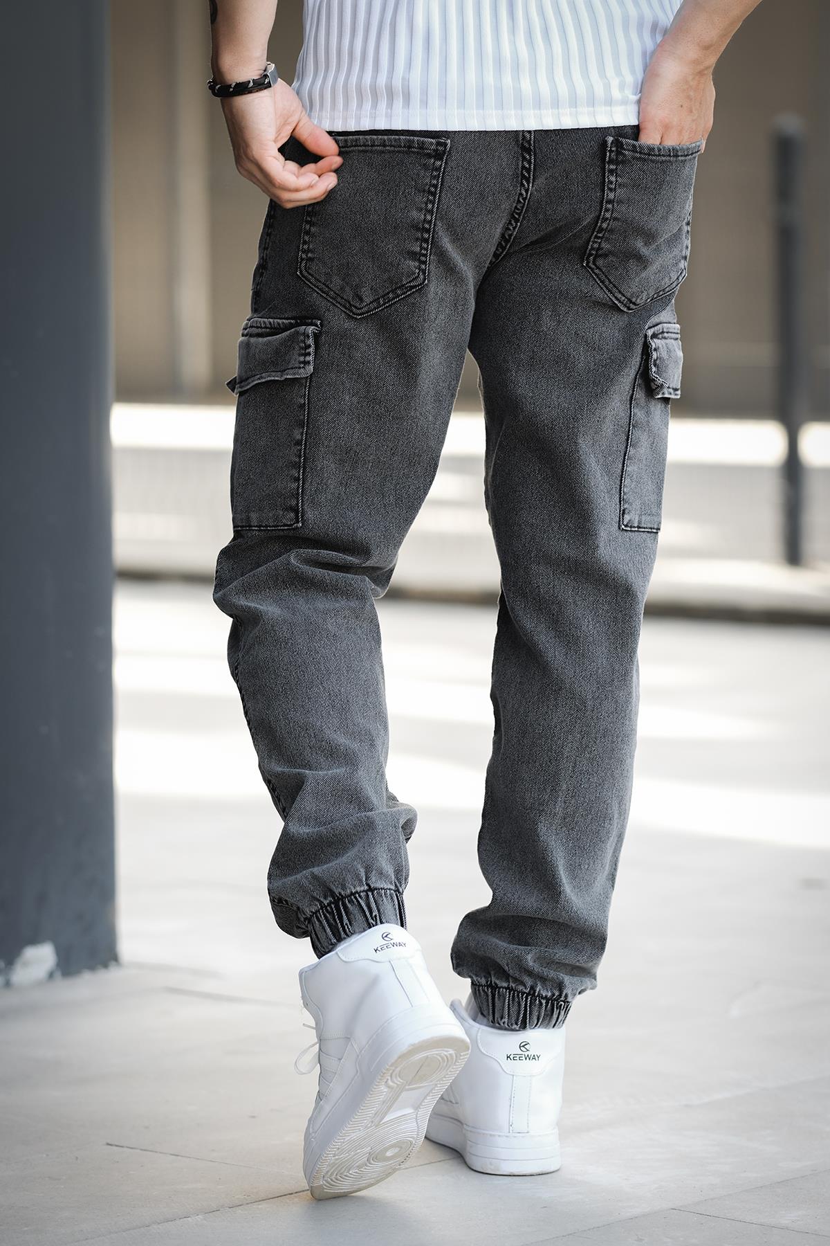 Dasser Paçası ve Beli Lastikli Slim Fit Likralı Kot Kargo Pantolon
