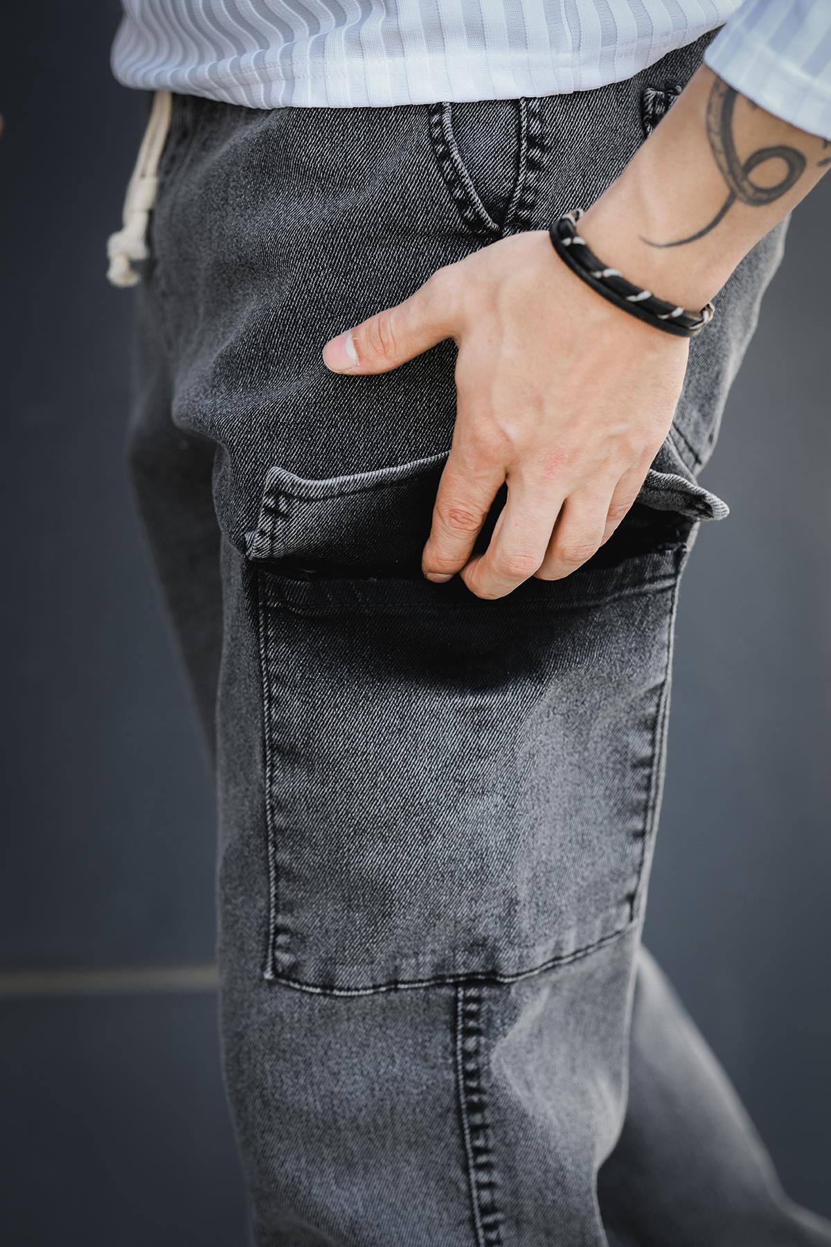 Dasser Paçası ve Beli Lastikli Slim Fit Likralı Kot Kargo Pantolon