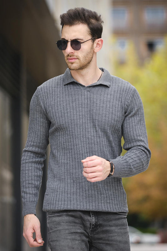 Ermanno Slim Fit Erkek Polo Yaka Fitilli Triko Kazak
