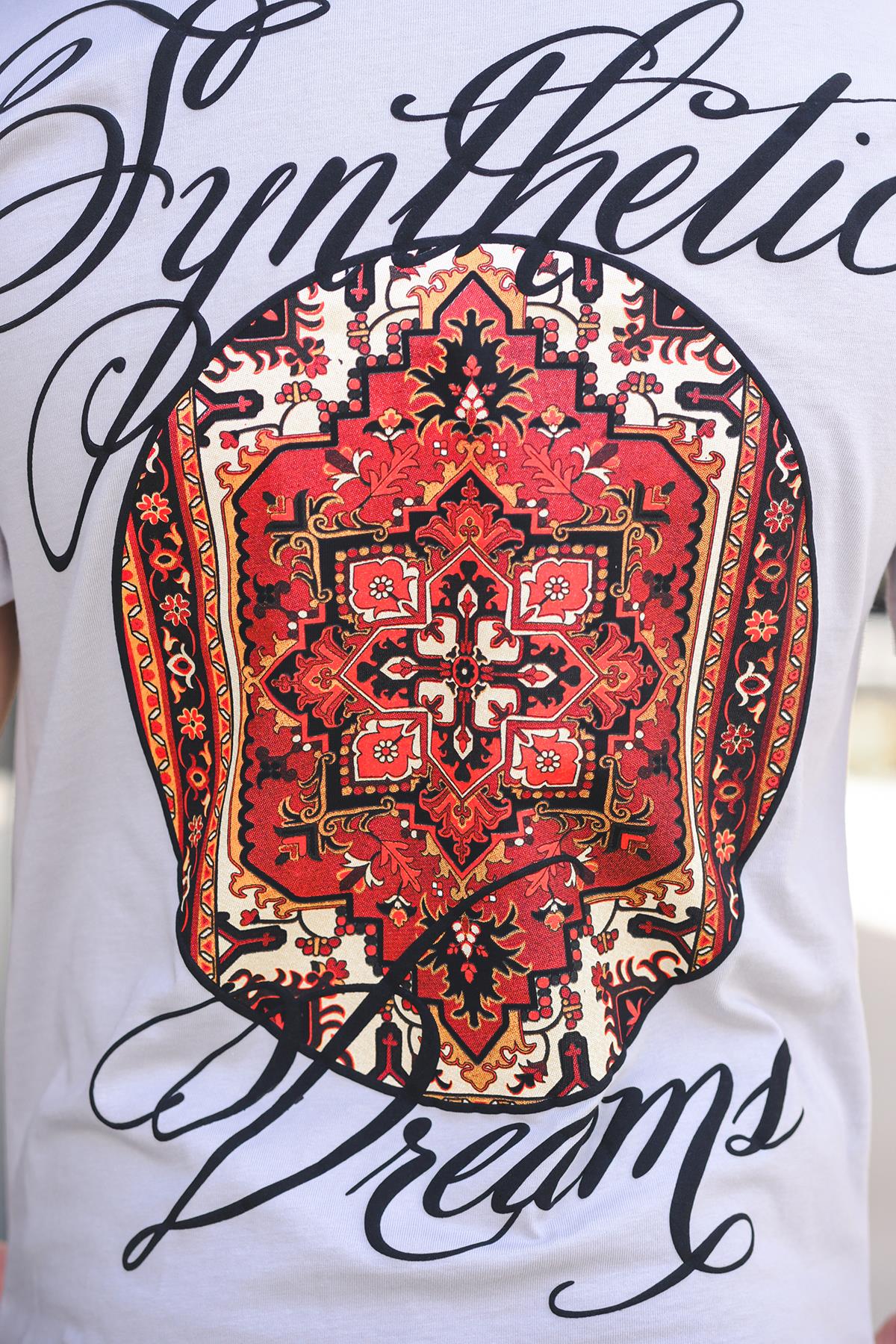 Etnik Desen Logolu Sırt ve Ön Baskılı Pamuklu Comfort Erkek Tshirt