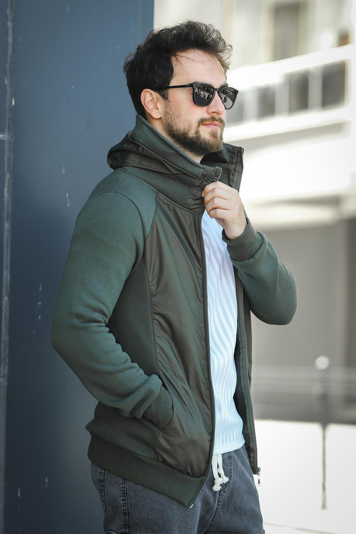 Fokt Üç İp Şardonlu Parça Detaylı Gizli Kapüşonlu Erkek Sweatshirt