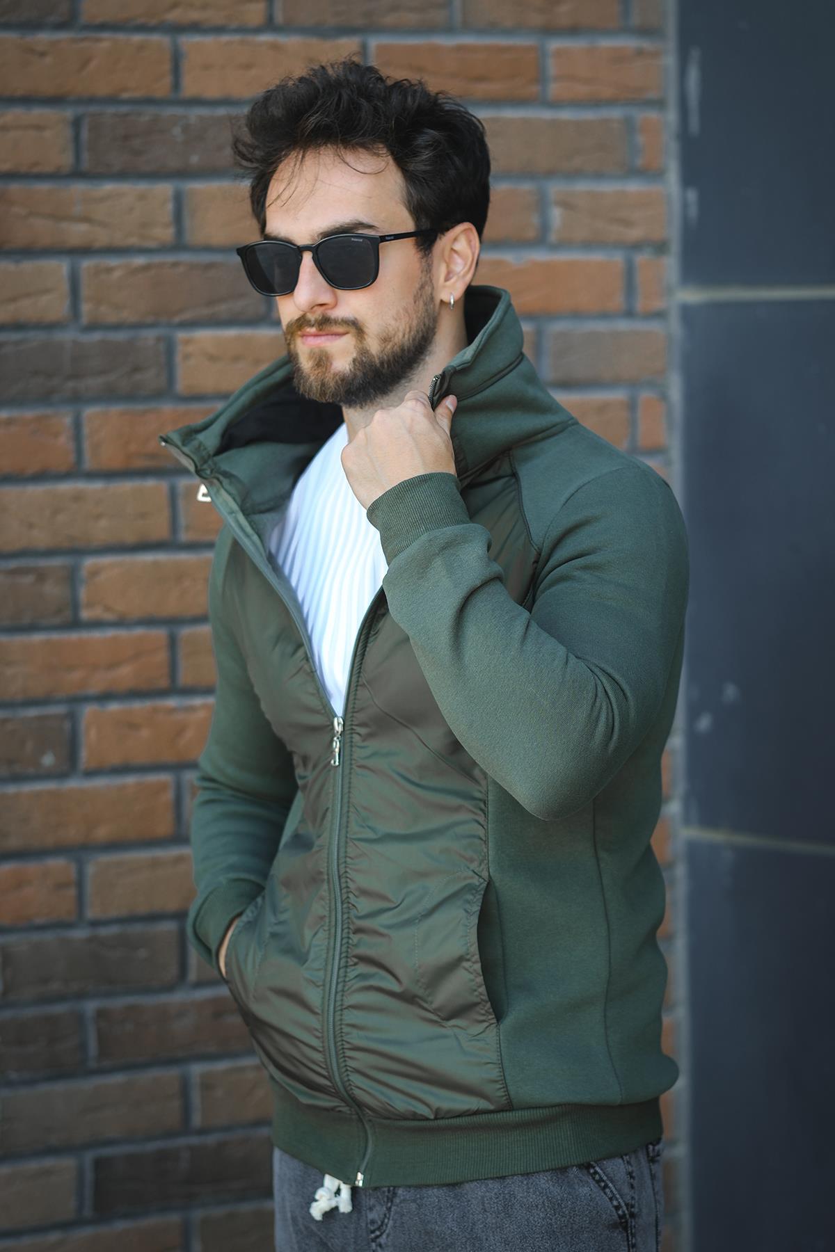 Fokt Üç İp Şardonlu Parça Detaylı Gizli Kapüşonlu Erkek Sweatshirt