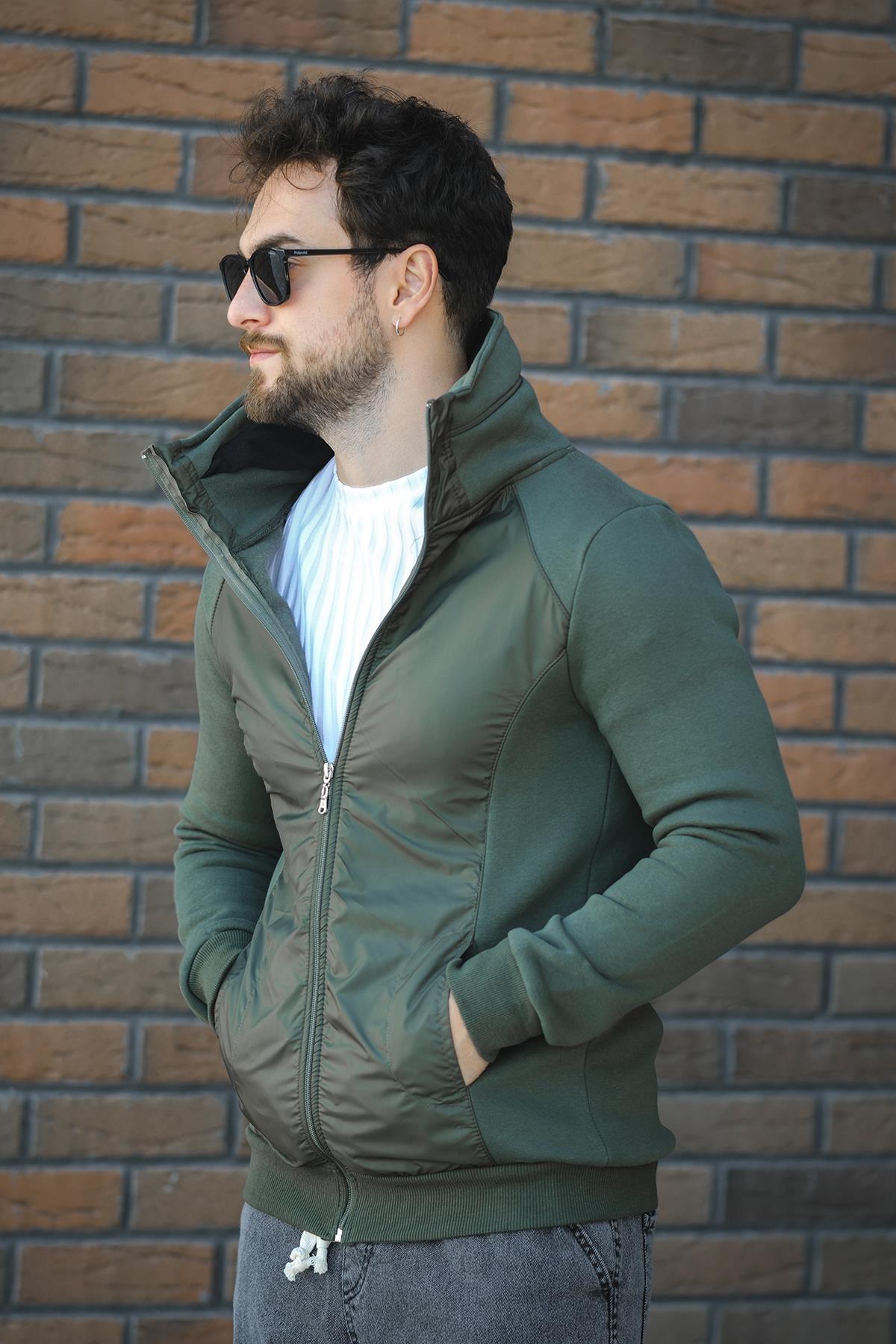 Fokt Üç İp Şardonlu Parça Detaylı Gizli Kapüşonlu Erkek Sweatshirt