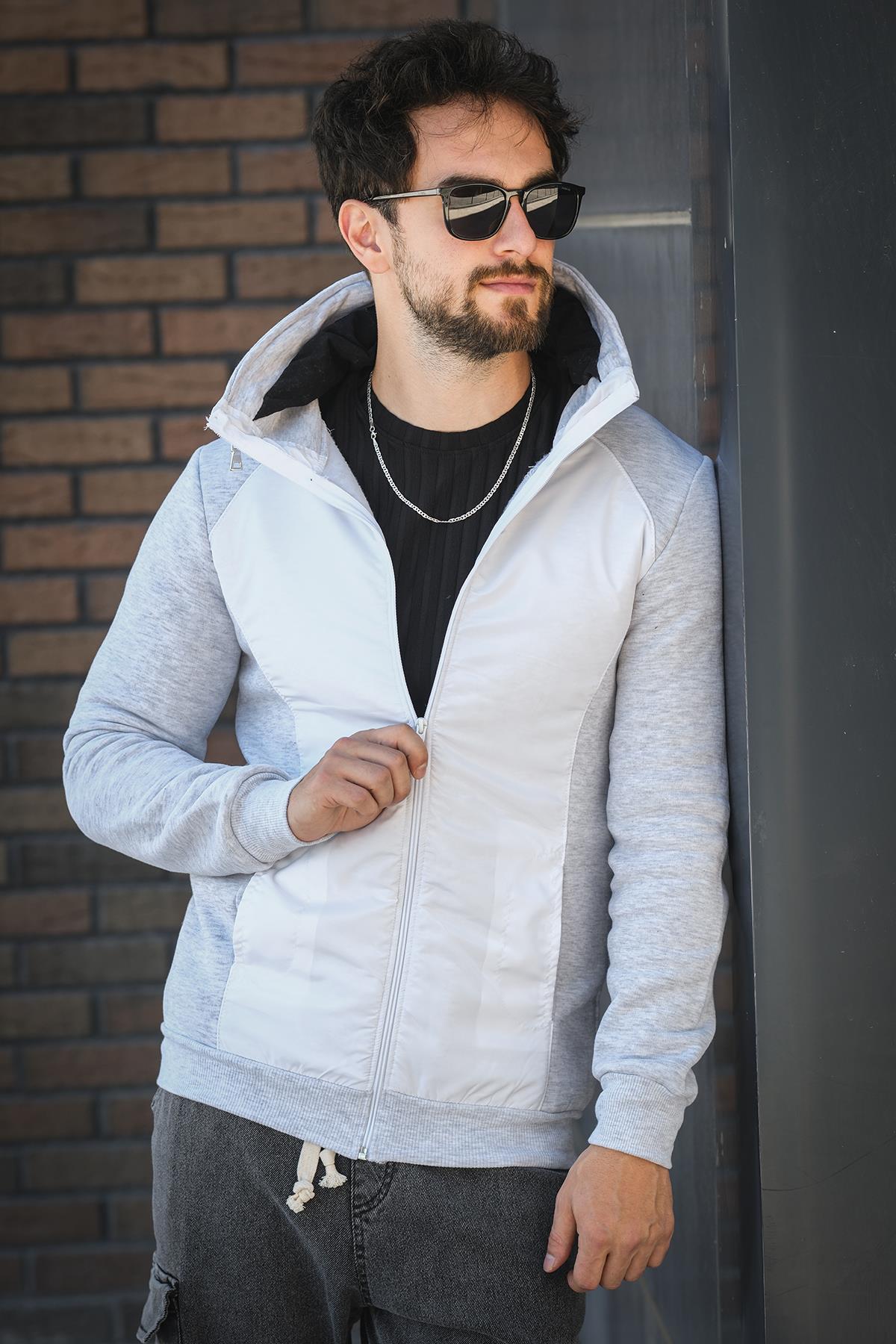 Fokt Üç İp Şardonlu Parça Detaylı Gizli Kapüşonlu Erkek Sweatshirt