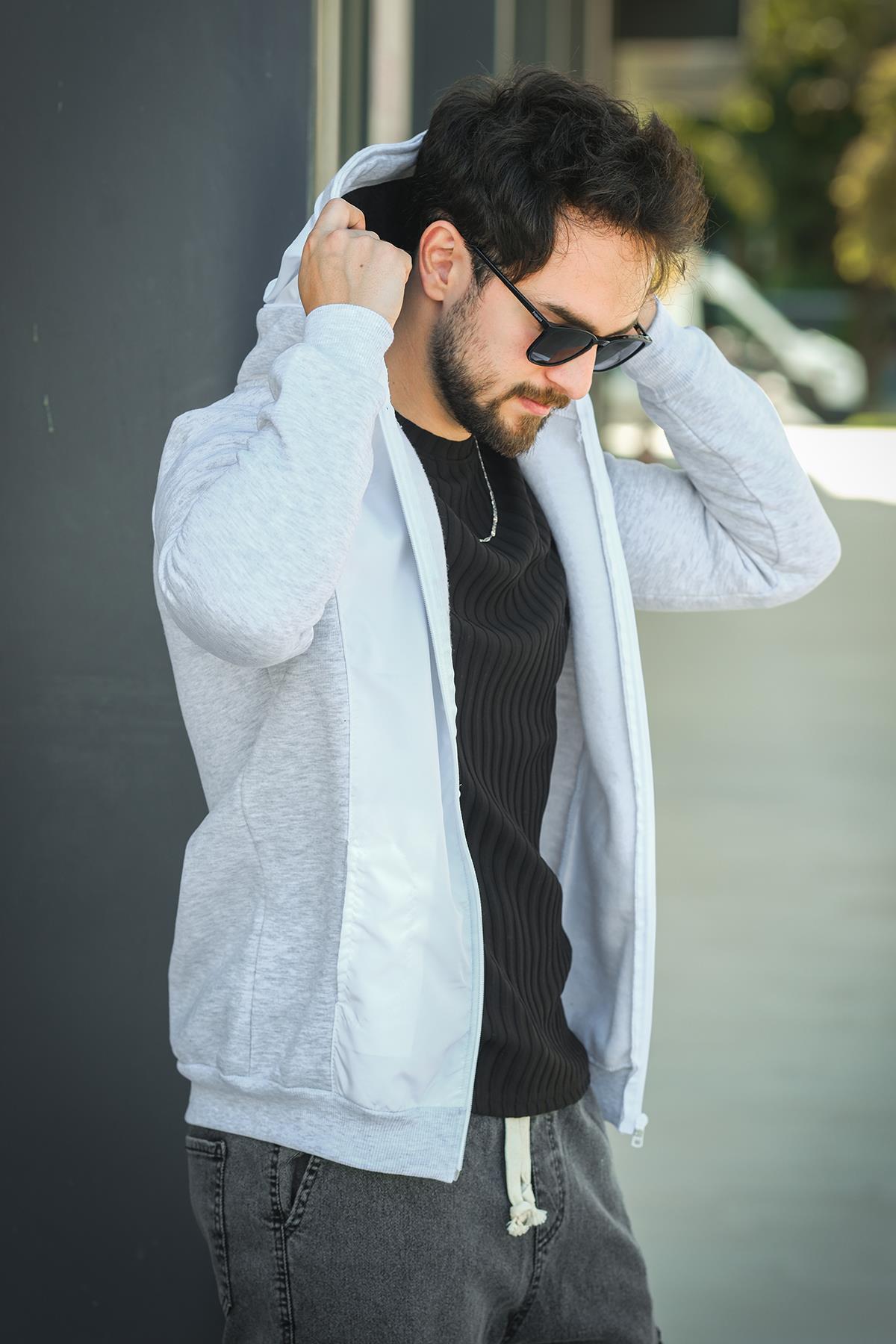 Fokt Üç İp Şardonlu Parça Detaylı Gizli Kapüşonlu Erkek Sweatshirt