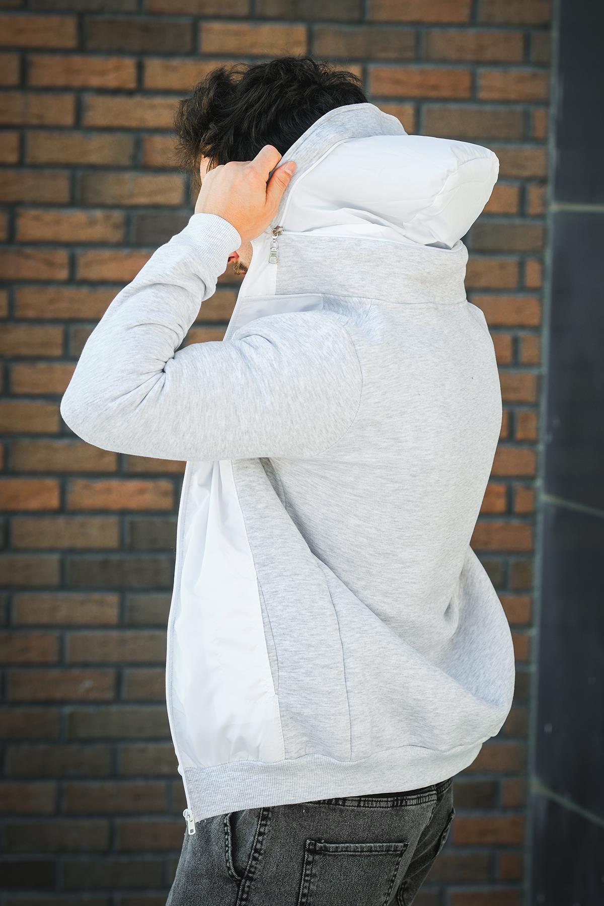 Fokt Üç İp Şardonlu Parça Detaylı Gizli Kapüşonlu Erkek Sweatshirt