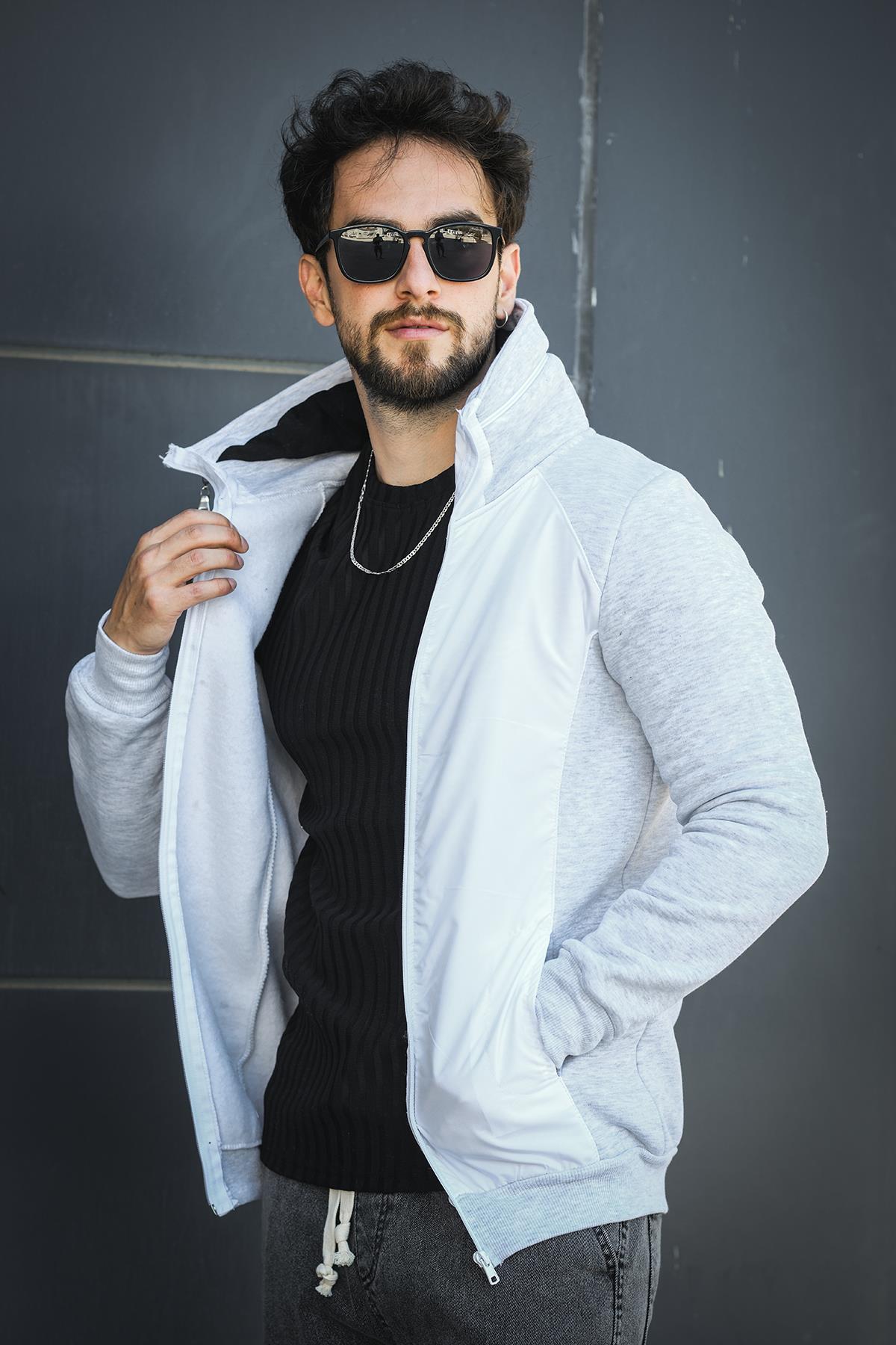 Fokt Üç İp Şardonlu Parça Detaylı Gizli Kapüşonlu Erkek Sweatshirt