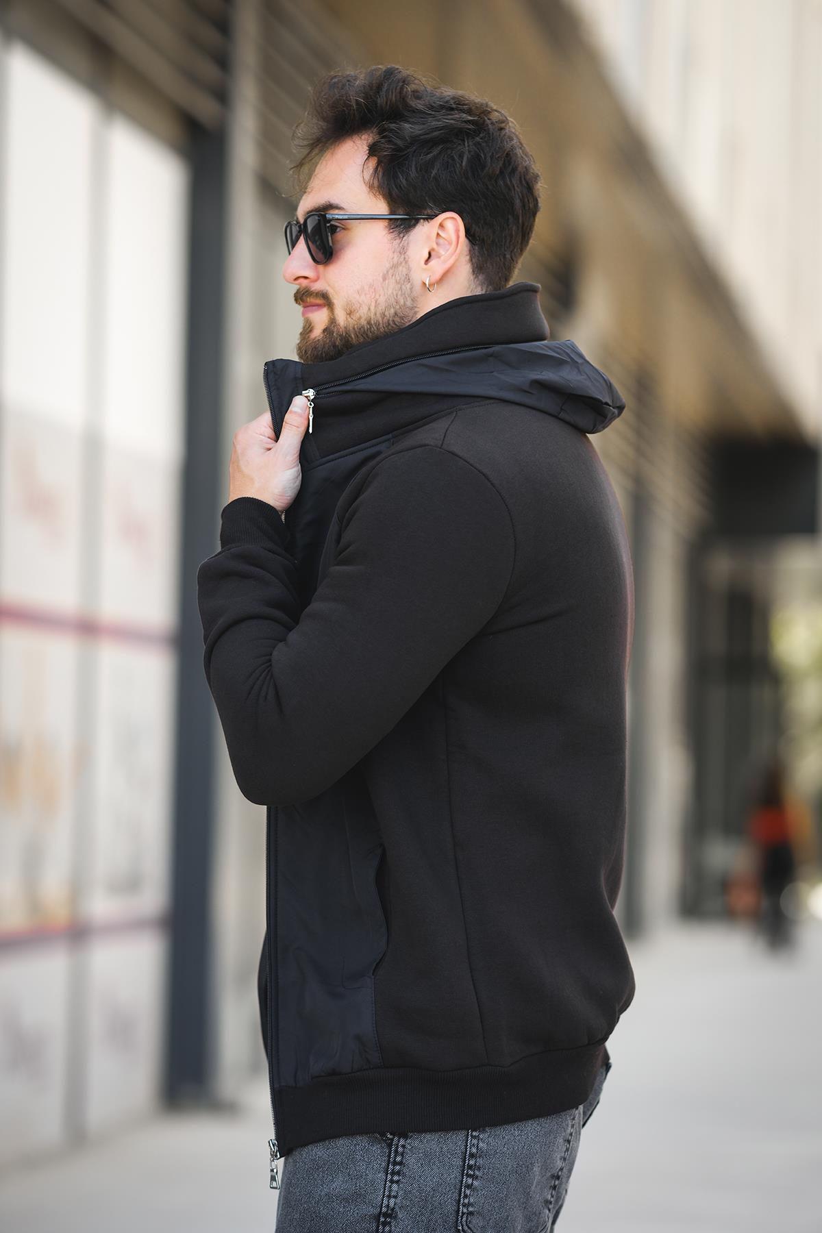 Fokt Üç İp Şardonlu Parça Detaylı Gizli Kapüşonlu Erkek Sweatshirt