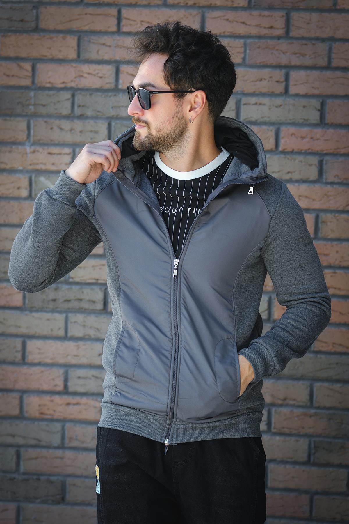 Fokt Üç İp Şardonlu Parça Detaylı Gizli Kapüşonlu Erkek Sweatshirt