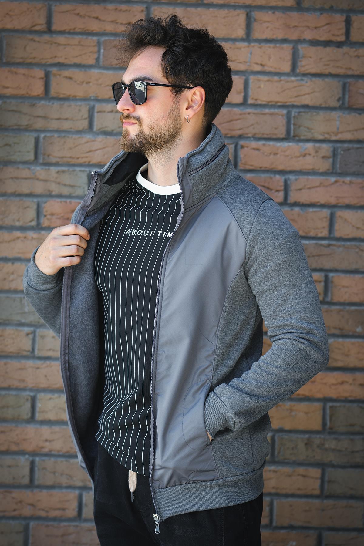 Fokt Üç İp Şardonlu Parça Detaylı Gizli Kapüşonlu Erkek Sweatshirt