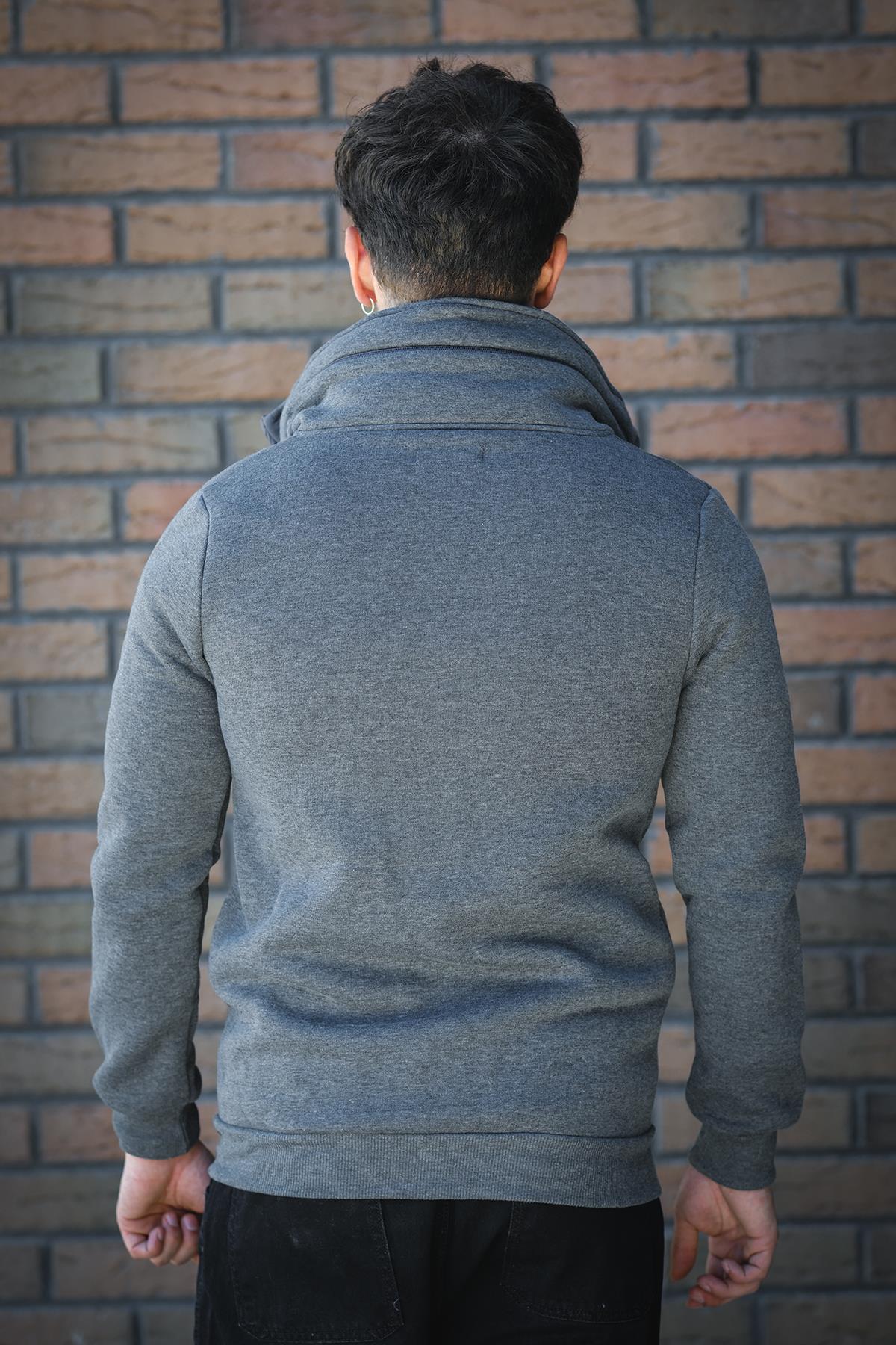Fokt Üç İp Şardonlu Parça Detaylı Gizli Kapüşonlu Erkek Sweatshirt