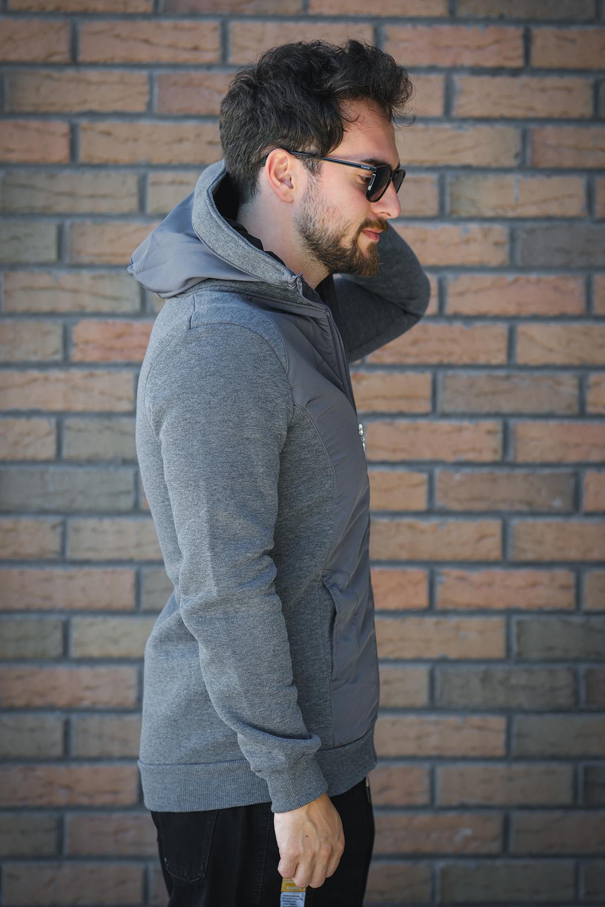Fokt Üç İp Şardonlu Parça Detaylı Gizli Kapüşonlu Erkek Sweatshirt