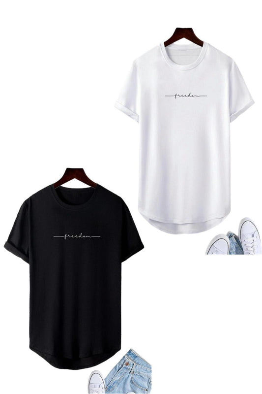 Freedom 2'li Paket Uzun Eteği Oval Pamuklu Slim Fit Unisex Tshirt