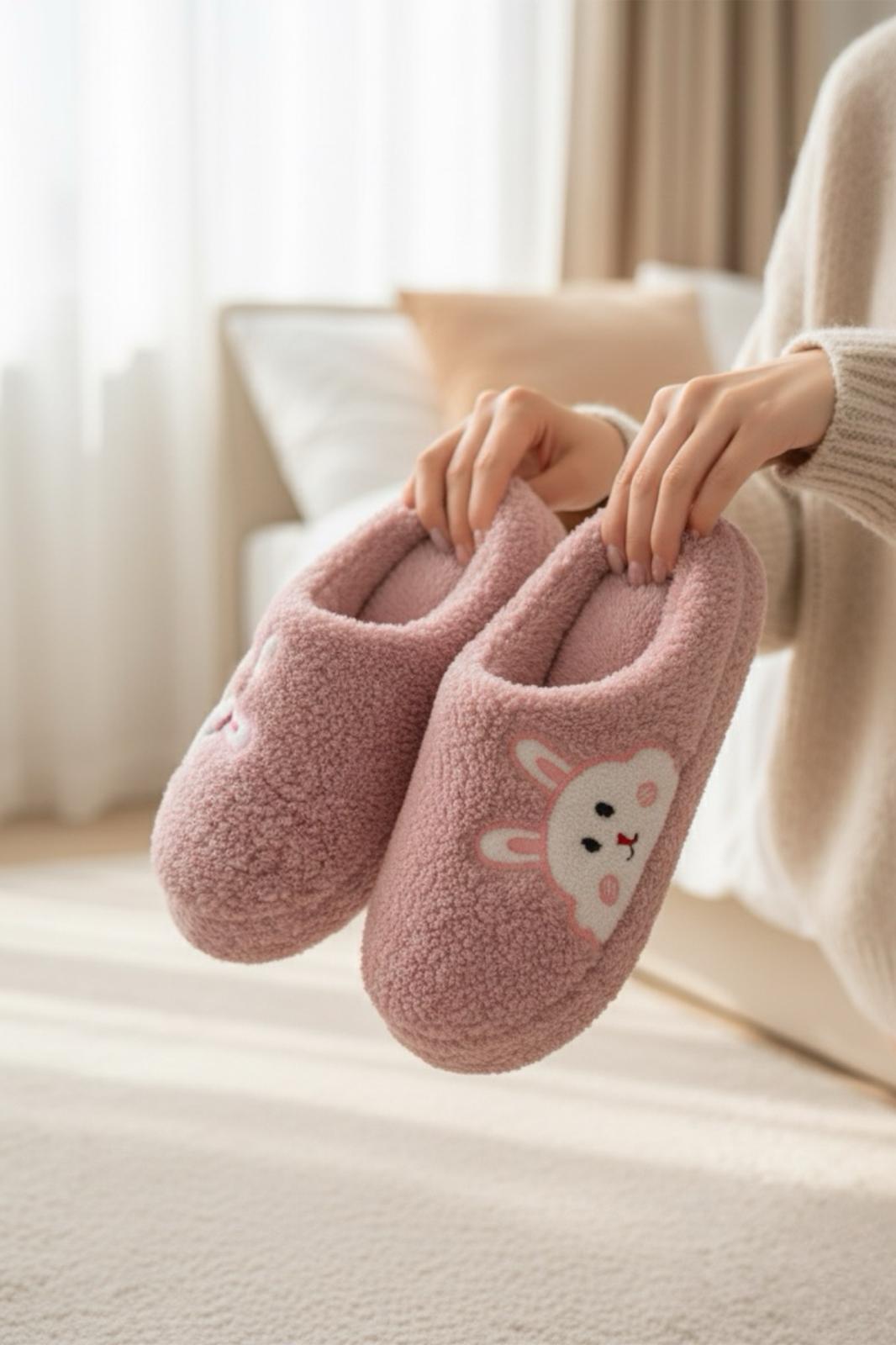 Ft 101 Tavşan Nakışlı Kadın Ev Terliği Peluş Terlik Çeyiz ve Bohça Terliği Ses Yapmaz Kalın Taban