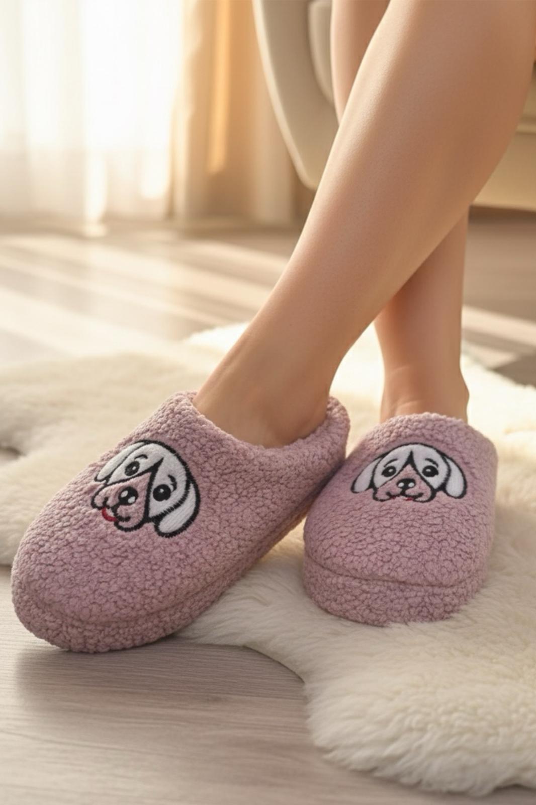 Ft 102 Köpek Nakışlı Kadın Ev Terliği Peluş Terlik Çeyiz ve Bohça Terliği Ses Yapmaz Kalın Taban