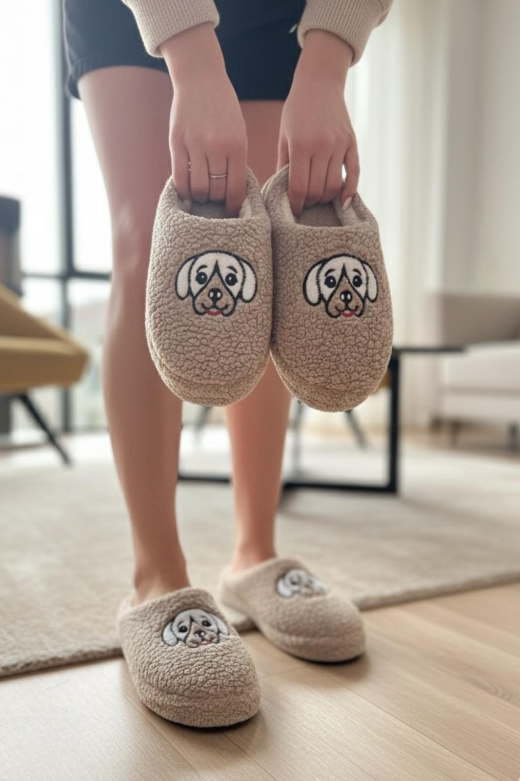 Ft 102 Köpek Nakışlı Kadın Ev Terliği Peluş Terlik Çeyiz ve Bohça Terliği Ses Yapmaz Kalın Taban