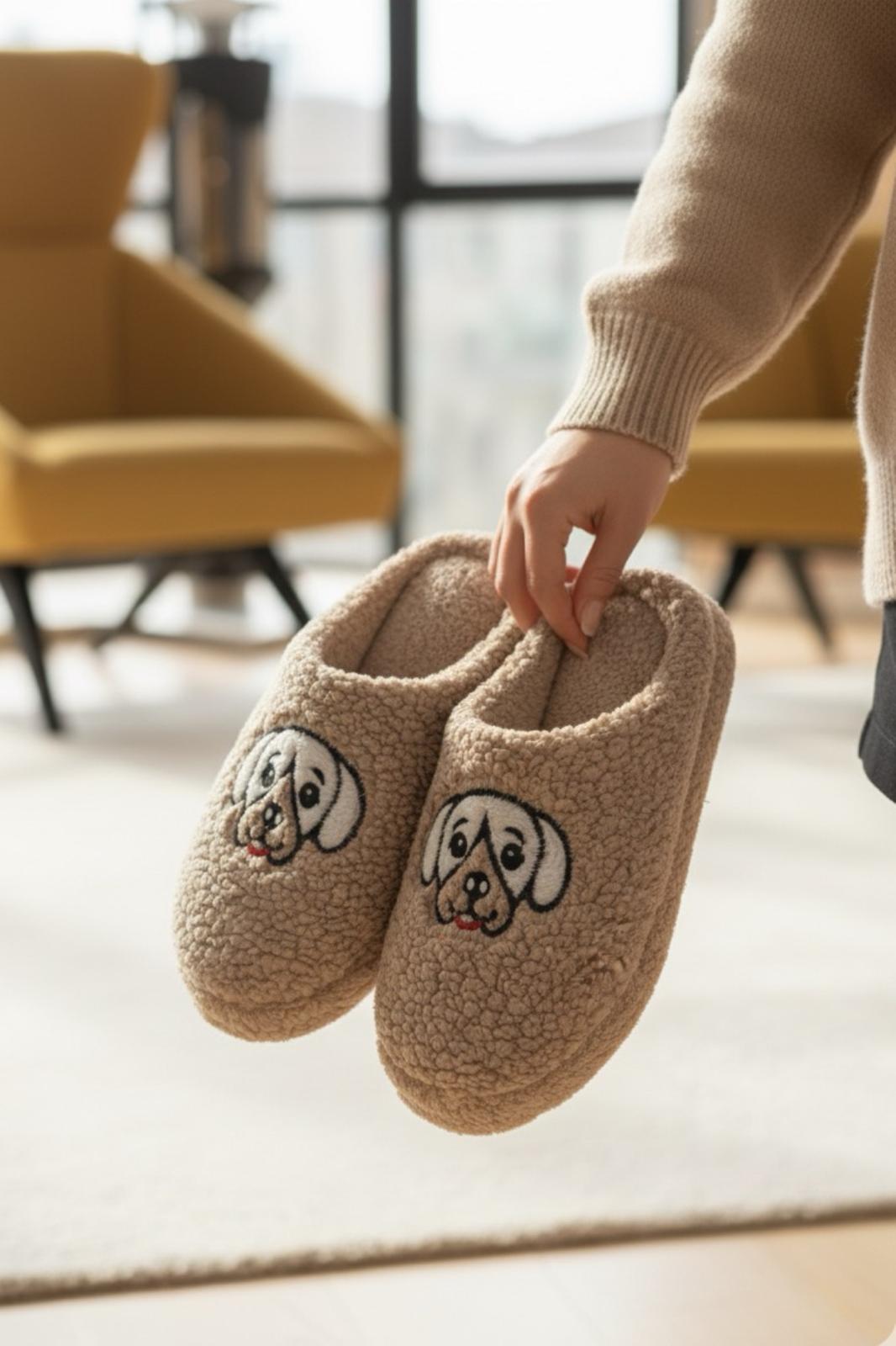 Ft 102 Köpek Nakışlı Kadın Ev Terliği Peluş Terlik Çeyiz ve Bohça Terliği Ses Yapmaz Kalın Taban