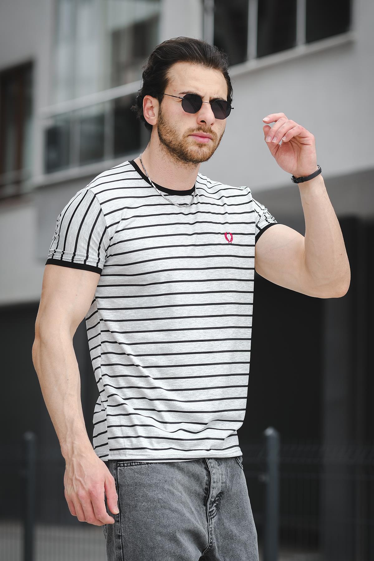 Ft 2444 Çizgili Bisiklet Yaka Likralı Slim Fit Erkek Tshirt