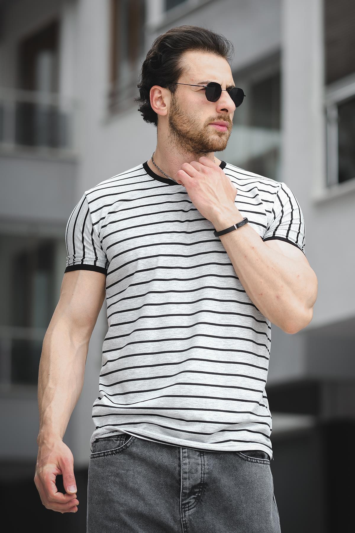 Ft 2444 Çizgili Bisiklet Yaka Likralı Slim Fit Erkek Tshirt