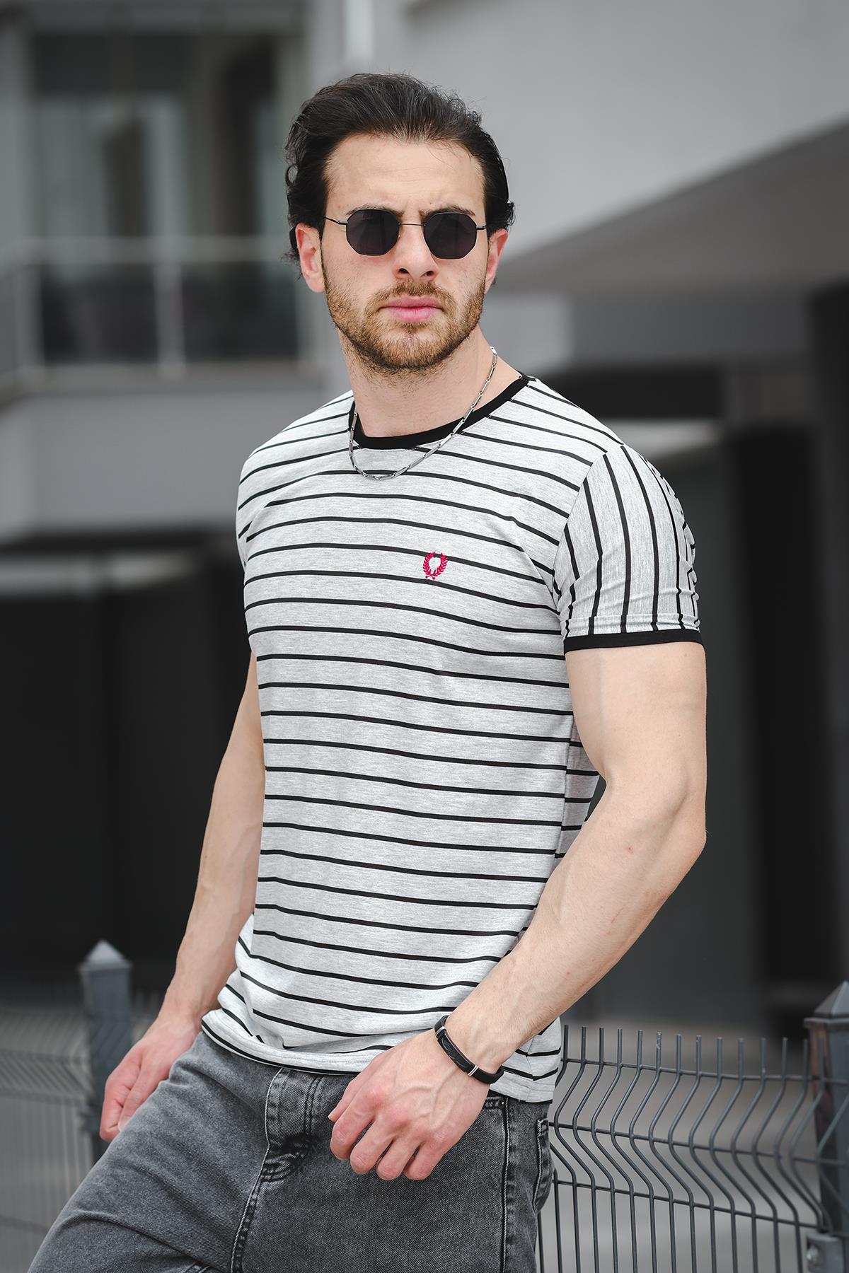 Ft 2444 Çizgili Bisiklet Yaka Likralı Slim Fit Erkek Tshirt