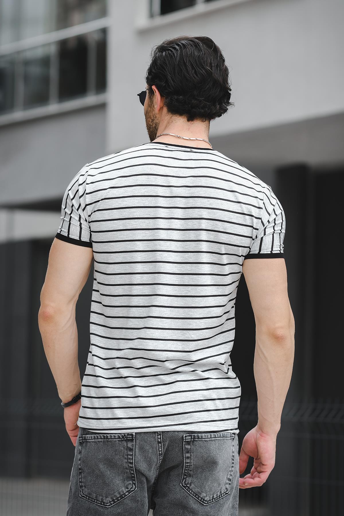 Ft 2444 Çizgili Bisiklet Yaka Likralı Slim Fit Erkek Tshirt