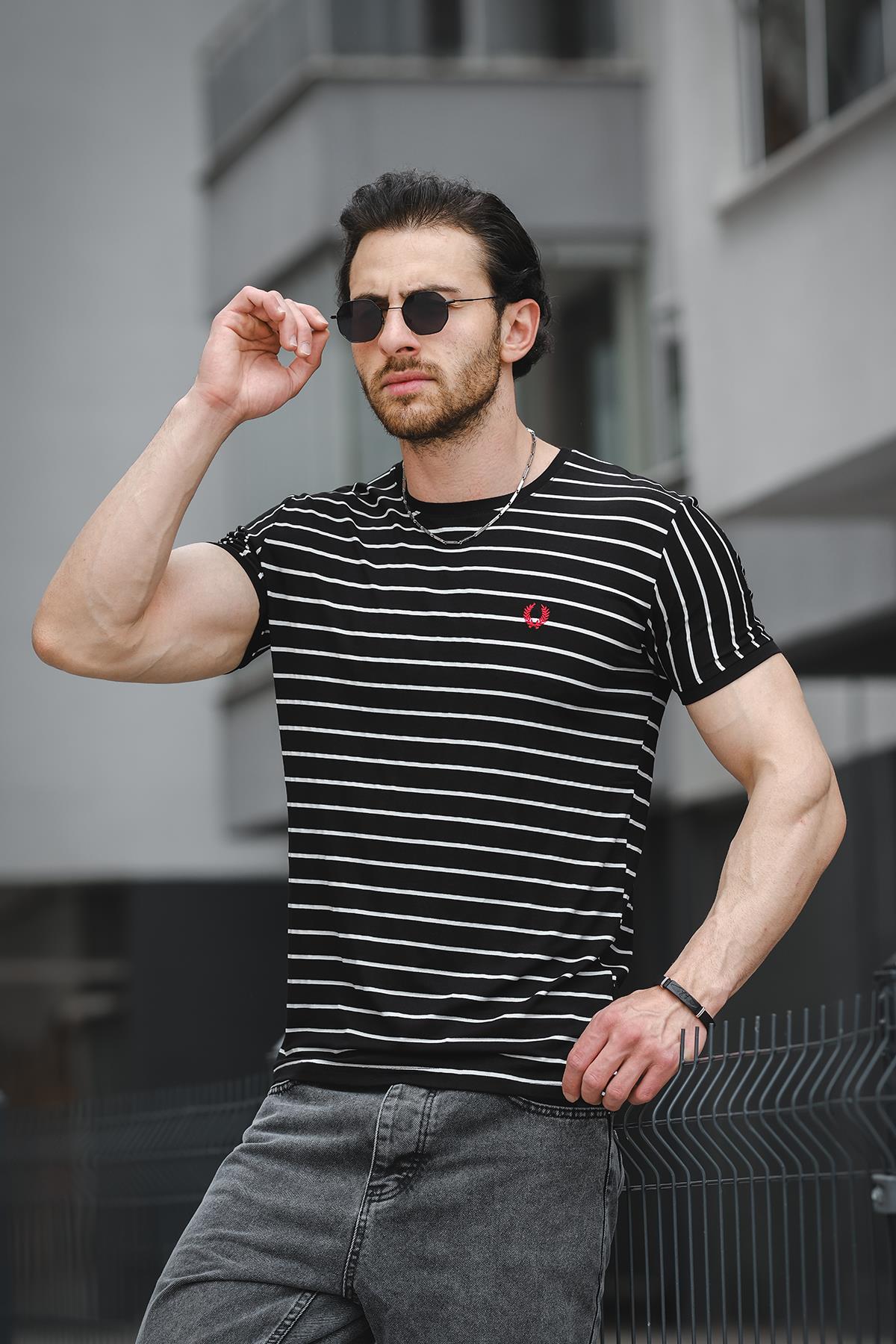 Ft 2444 Çizgili Bisiklet Yaka Likralı Slim Fit Erkek Tshirt