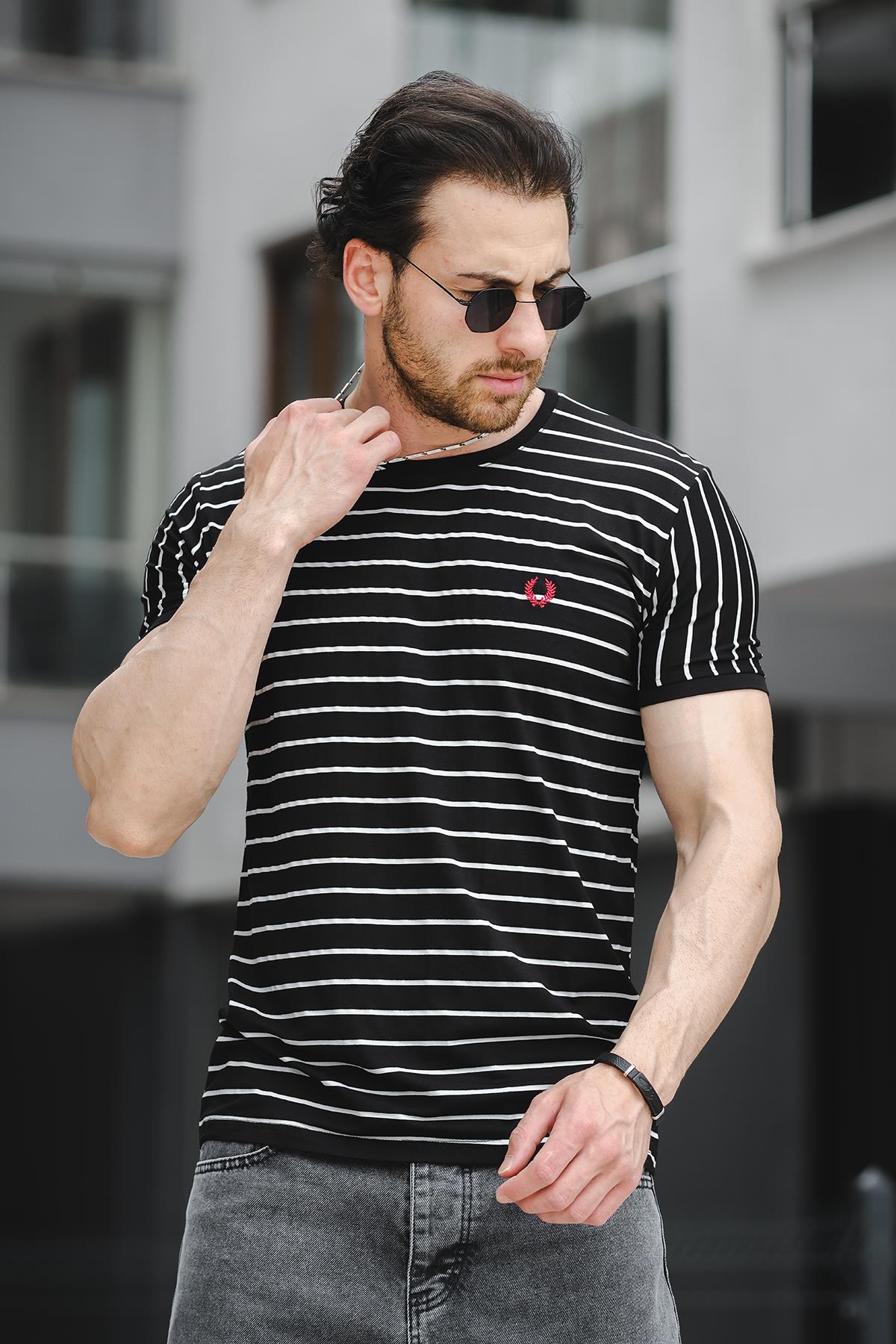 Ft 2444 Çizgili Bisiklet Yaka Likralı Slim Fit Erkek Tshirt