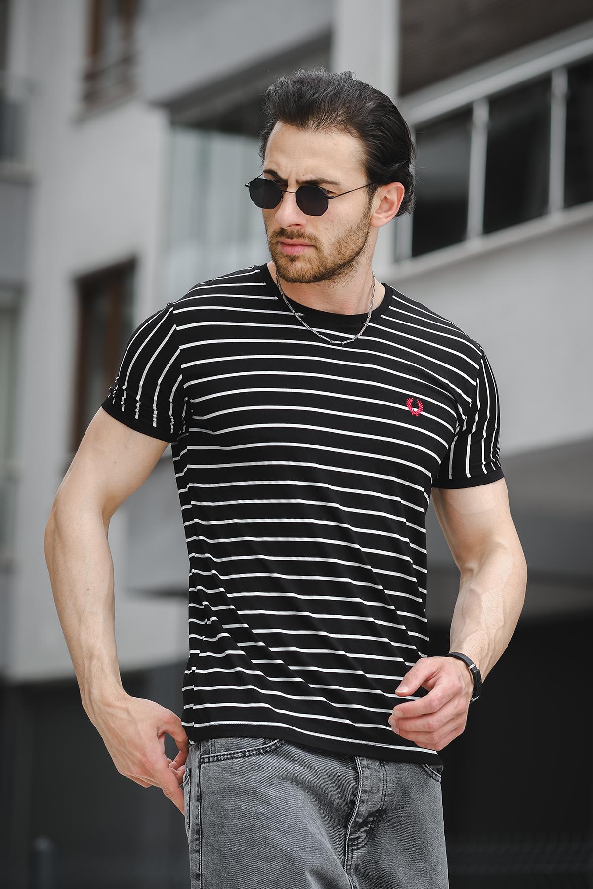 Ft 2444 Çizgili Bisiklet Yaka Likralı Slim Fit Erkek Tshirt