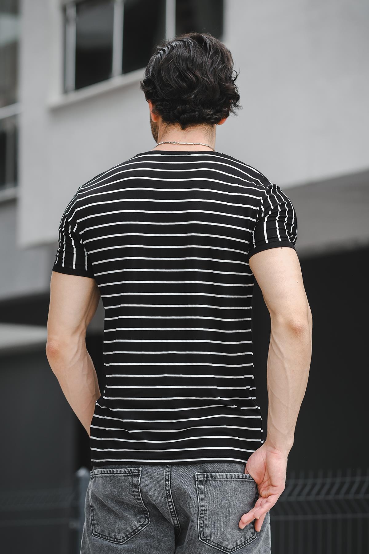 Ft 2444 Çizgili Bisiklet Yaka Likralı Slim Fit Erkek Tshirt