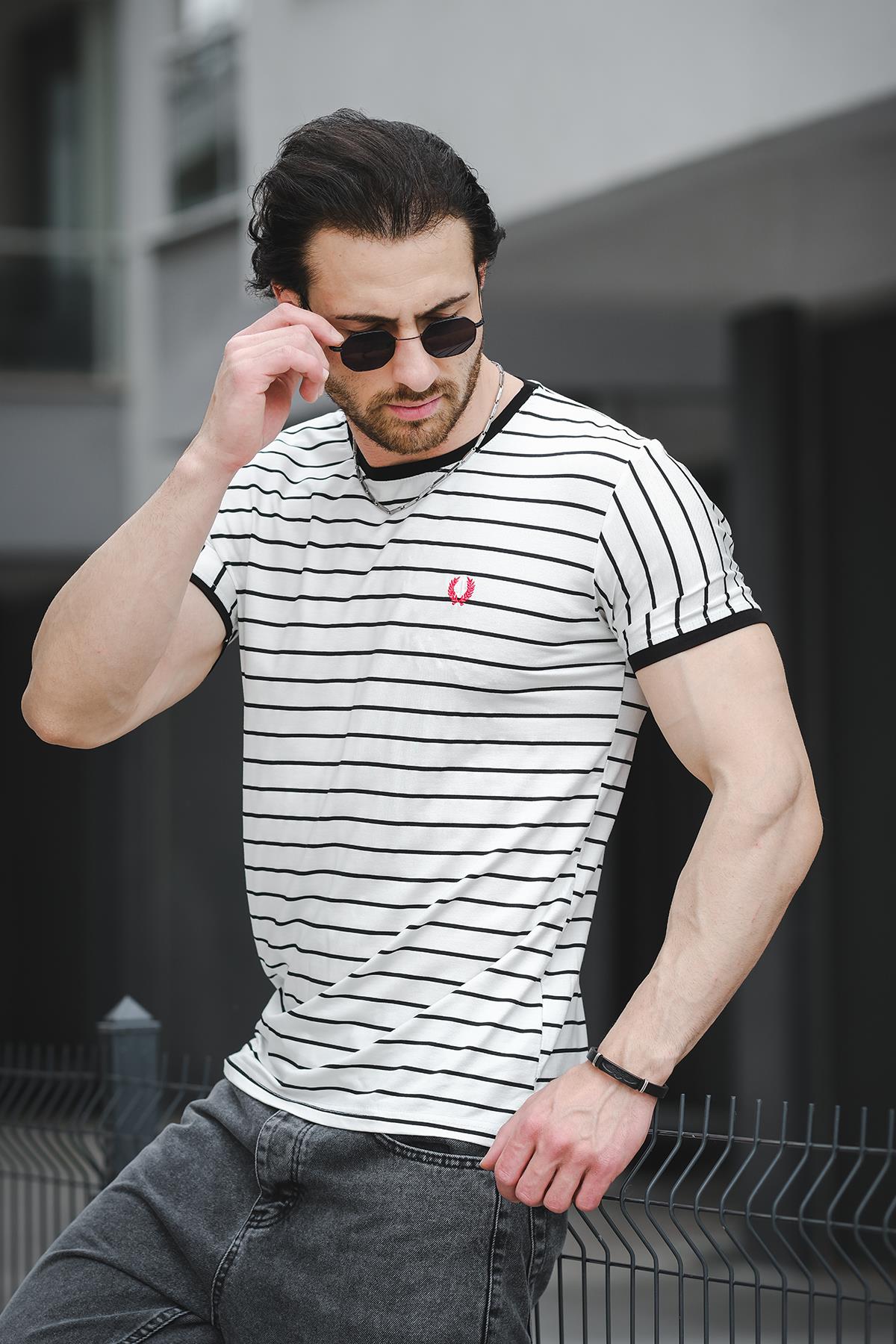 Ft 2444 Çizgili Bisiklet Yaka Likralı Slim Fit Erkek Tshirt