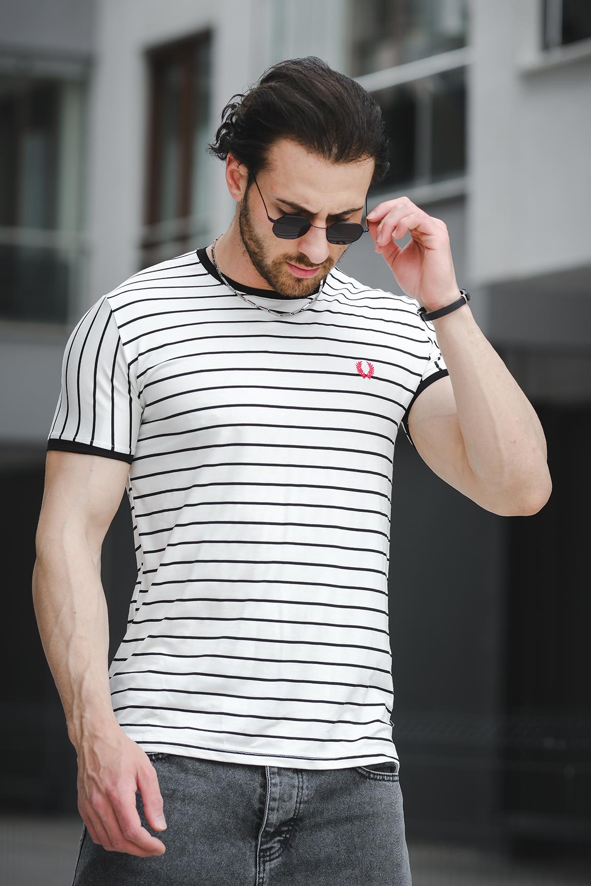 Ft 2444 Çizgili Bisiklet Yaka Likralı Slim Fit Erkek Tshirt