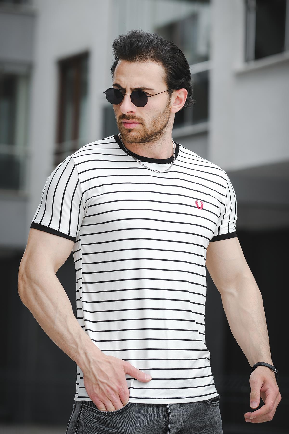 Ft 2444 Çizgili Bisiklet Yaka Likralı Slim Fit Erkek Tshirt