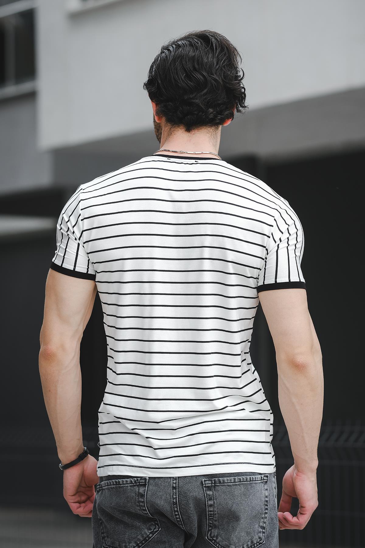 Ft 2444 Çizgili Bisiklet Yaka Likralı Slim Fit Erkek Tshirt