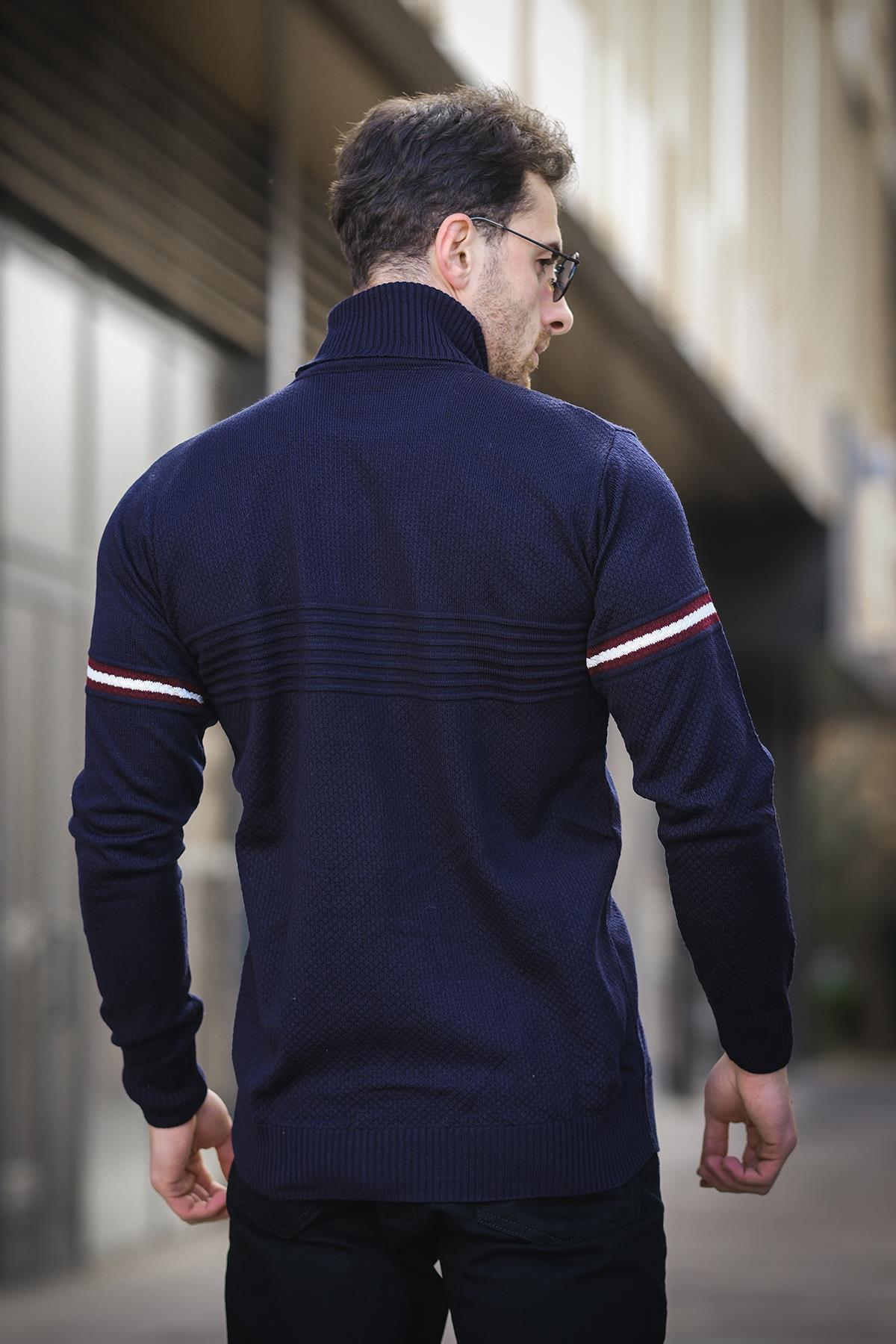 Giul Pamuk Slim Fit Şeritli Erkek Tam Balıkçı Boğazlı Kazak