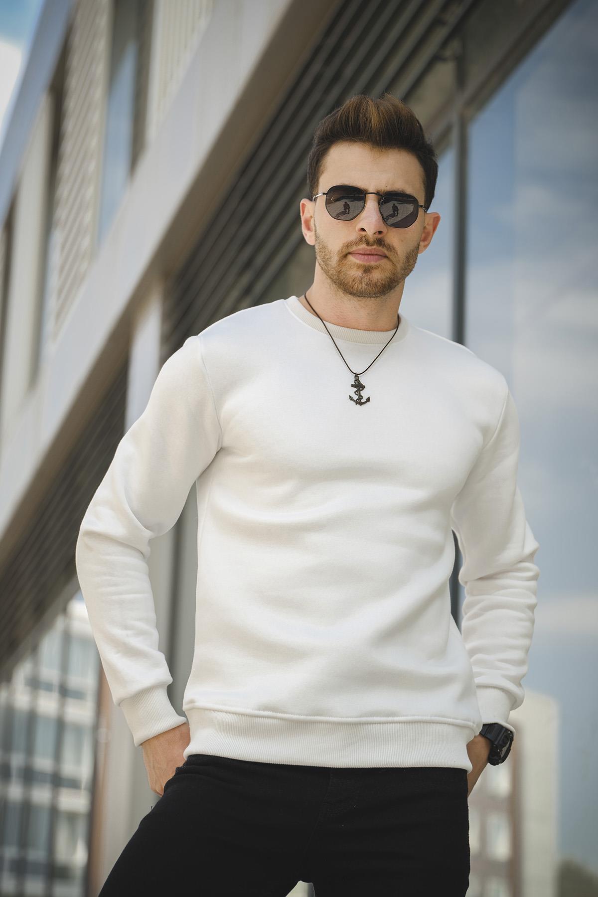 Gomez Dar Kesim Üç İplik Şardonlu İçi Pamuklu Bisiklet Yaka Sweatshirt
