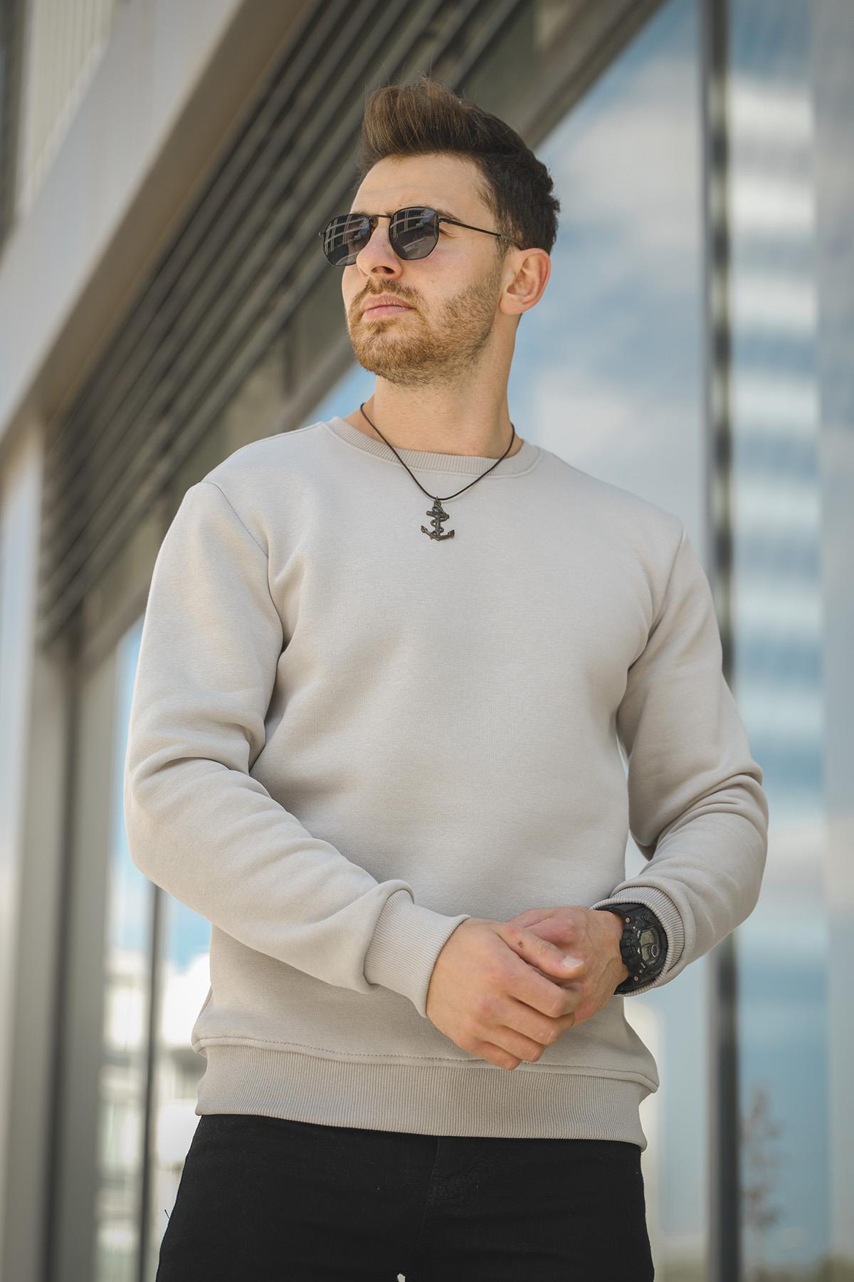 Gomez Dar Kesim Üç İplik Şardonlu İçi Pamuklu Bisiklet Yaka Sweatshirt