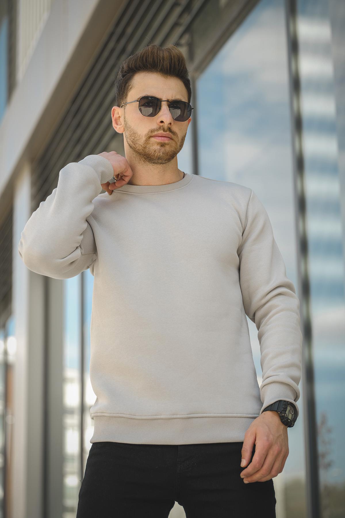 Gomez Dar Kesim Üç İplik Şardonlu İçi Pamuklu Bisiklet Yaka Sweatshirt