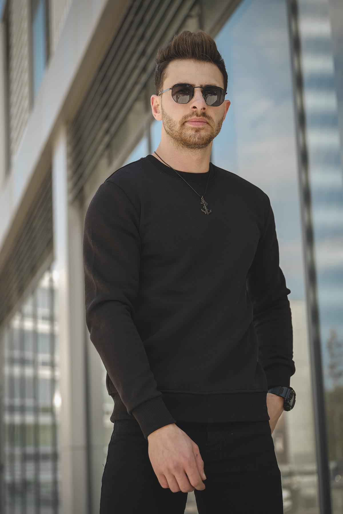 Gomez Dar Kesim Üç İplik Şardonlu İçi Pamuklu Bisiklet Yaka Sweatshirt