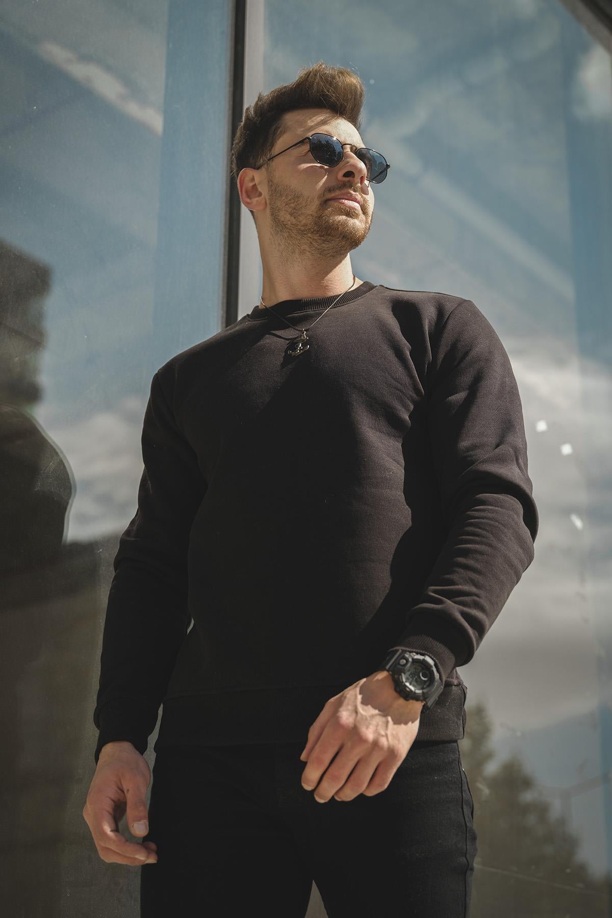Gomez Dar Kesim Üç İplik Şardonlu İçi Pamuklu Bisiklet Yaka Sweatshirt