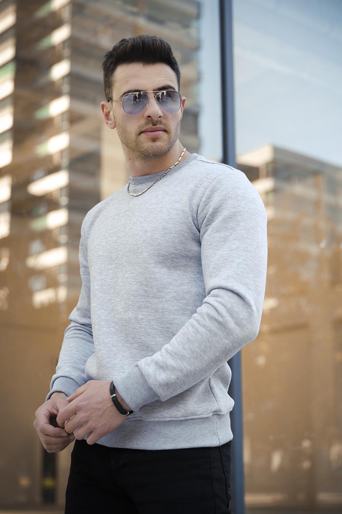 Gomez Dar Kesim Üç İplik Şardonlu İçi Pamuklu Bisiklet Yaka Sweatshirt