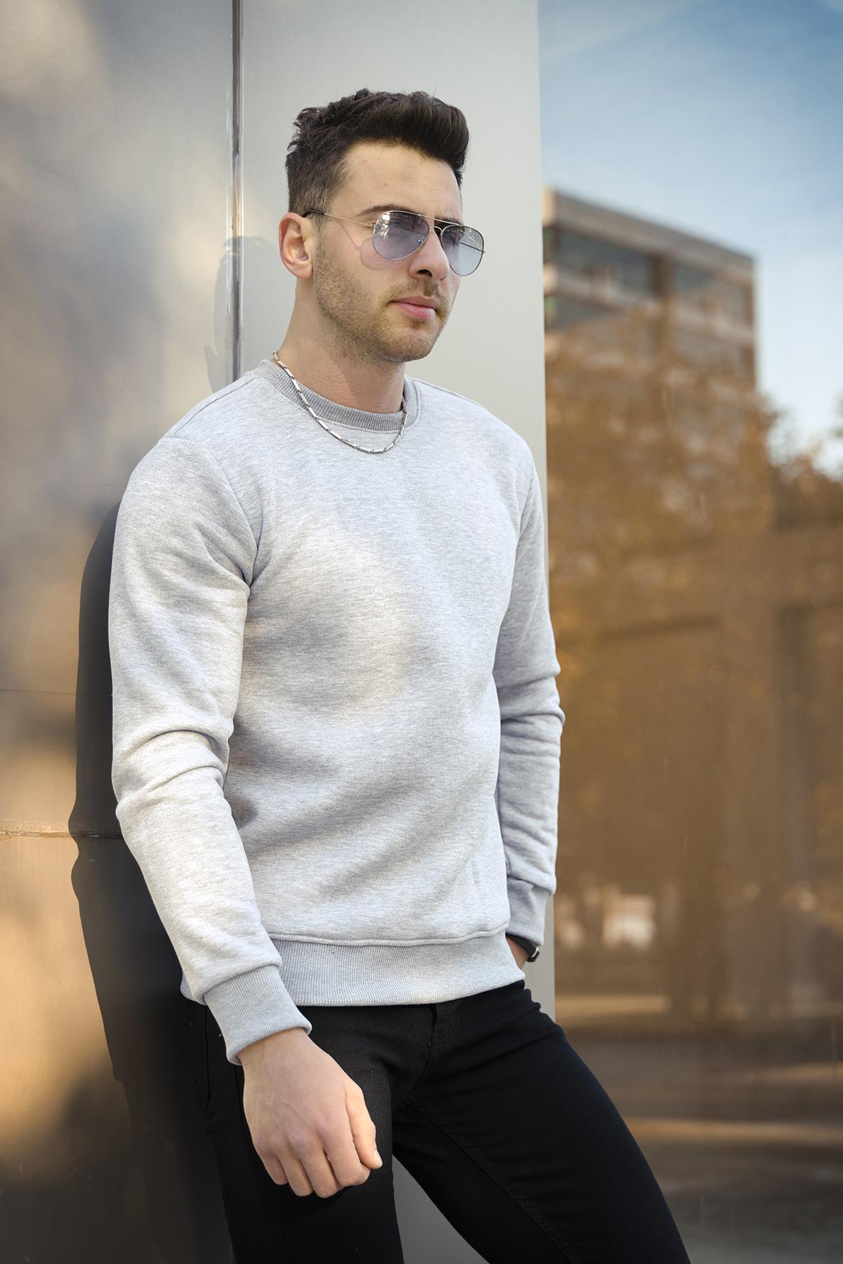 Gomez Dar Kesim Üç İplik Şardonlu İçi Pamuklu Bisiklet Yaka Sweatshirt