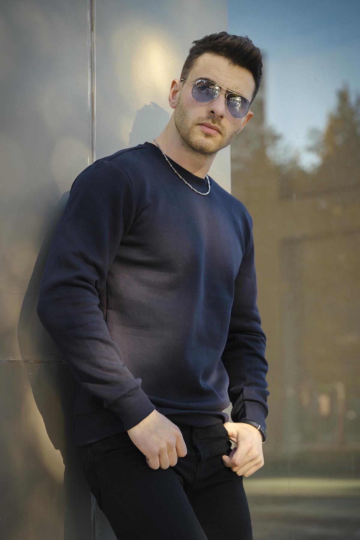 Gomez Dar Kesim Üç İplik Şardonlu İçi Pamuklu Bisiklet Yaka Sweatshirt