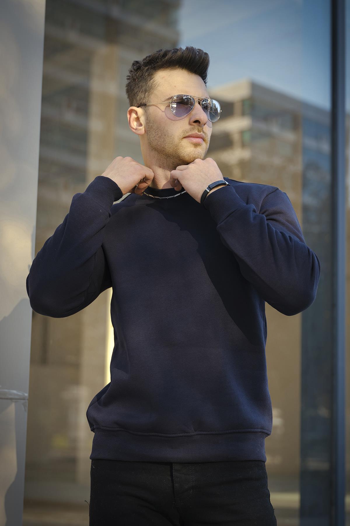 Gomez Dar Kesim Üç İplik Şardonlu İçi Pamuklu Bisiklet Yaka Sweatshirt
