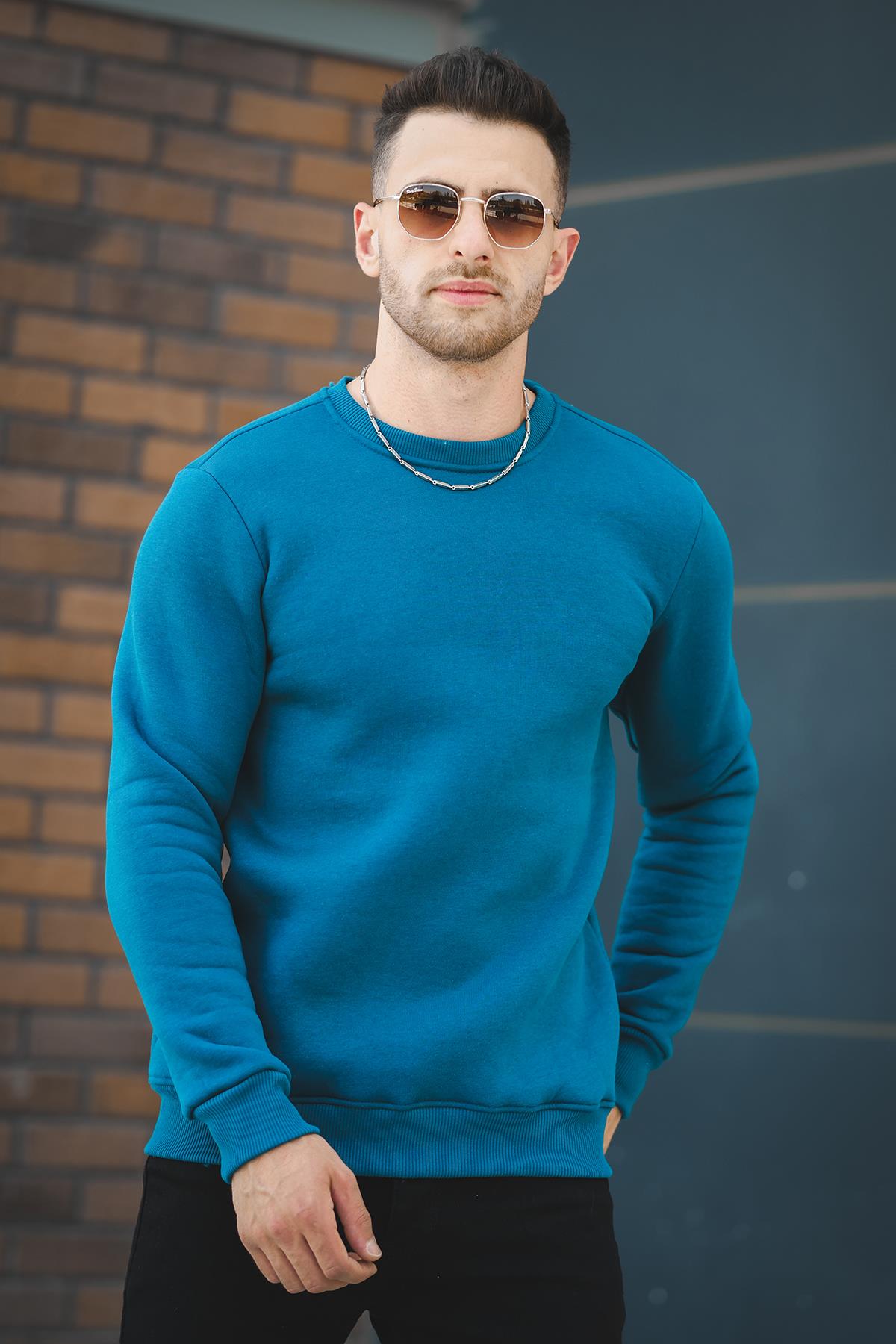 Gomez Dar Kesim Üç İplik Şardonlu İçi Pamuklu Bisiklet Yaka Sweatshirt