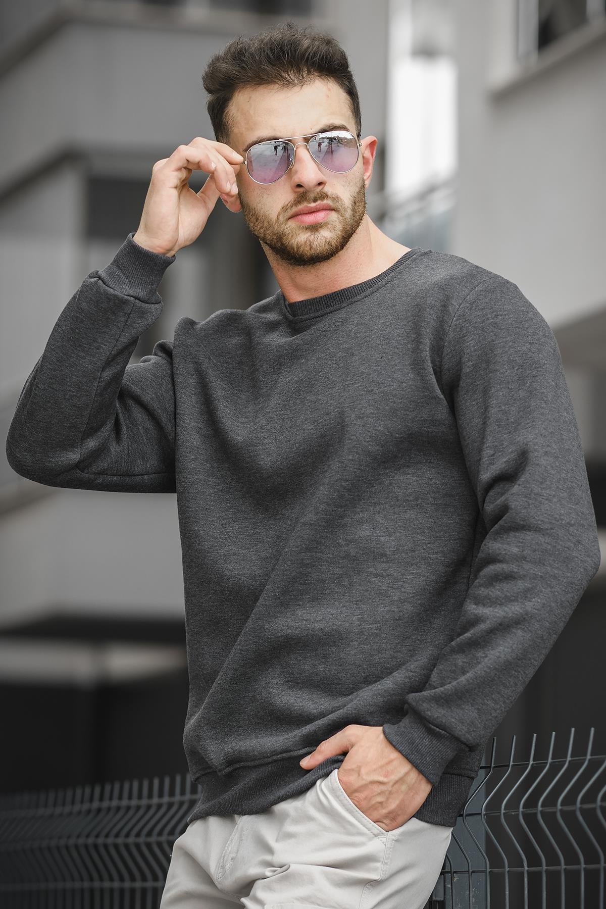 Gomez Dar Kesim Üç İplik Şardonlu İçi Pamuklu Bisiklet Yaka Sweatshirt