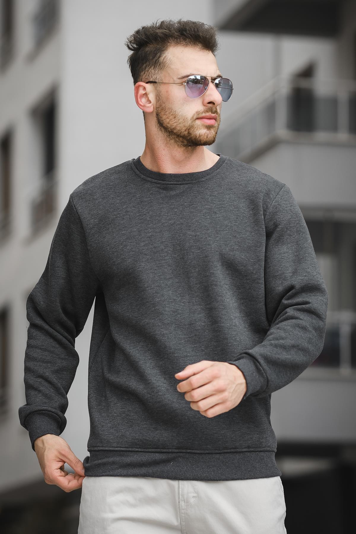 Gomez Dar Kesim Üç İplik Şardonlu İçi Pamuklu Bisiklet Yaka Sweatshirt