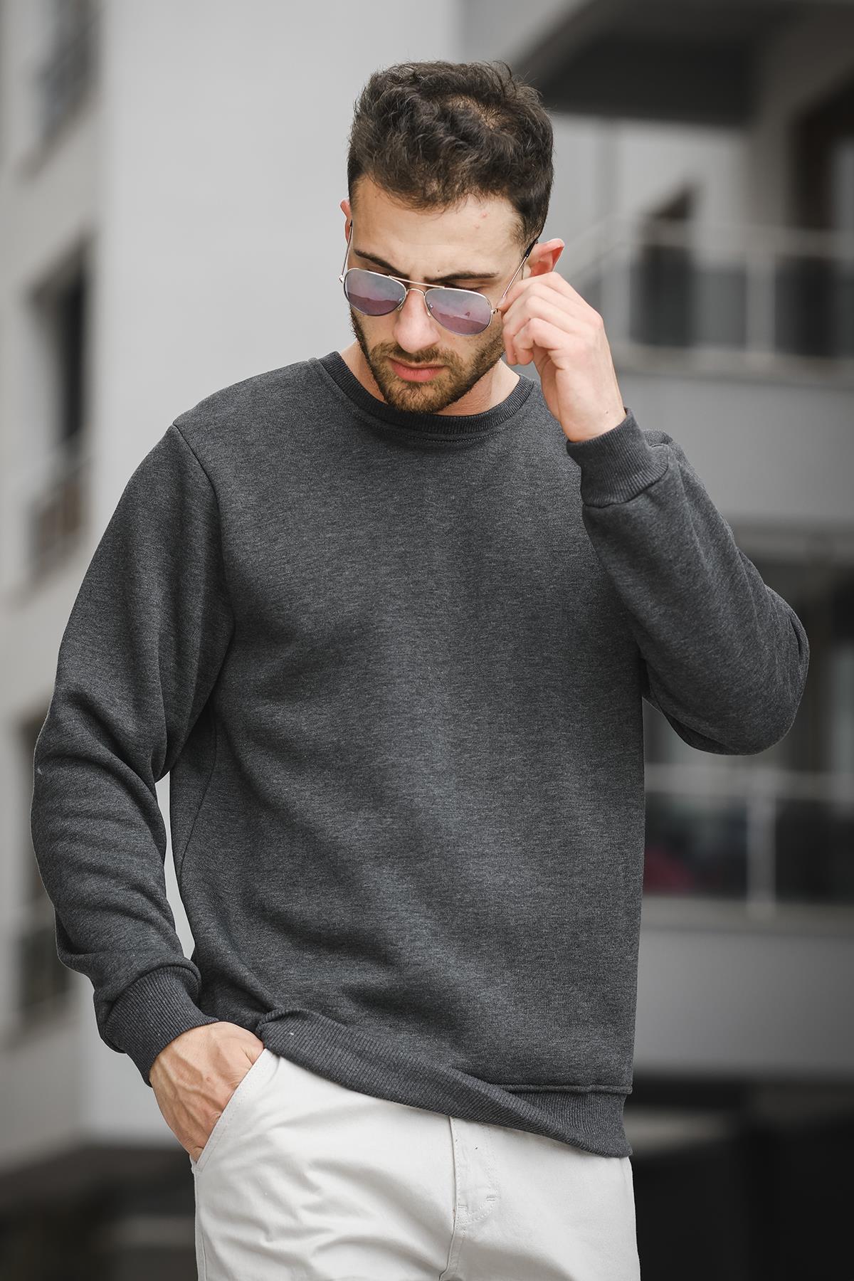Gomez Dar Kesim Üç İplik Şardonlu İçi Pamuklu Bisiklet Yaka Sweatshirt